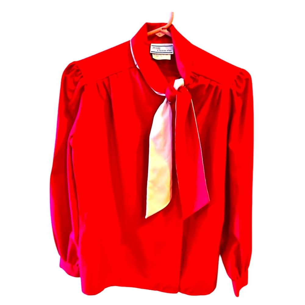 Vintage Rich Red and Cream Bow Tie Blouse by Avon Fashion.  Size = 7-8